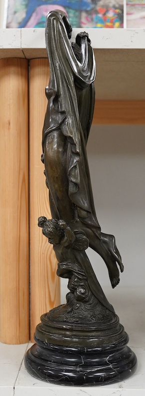 A 20th century bronze figure of a maiden, raised on marble socle, 38.5cm. Condition - fair to good